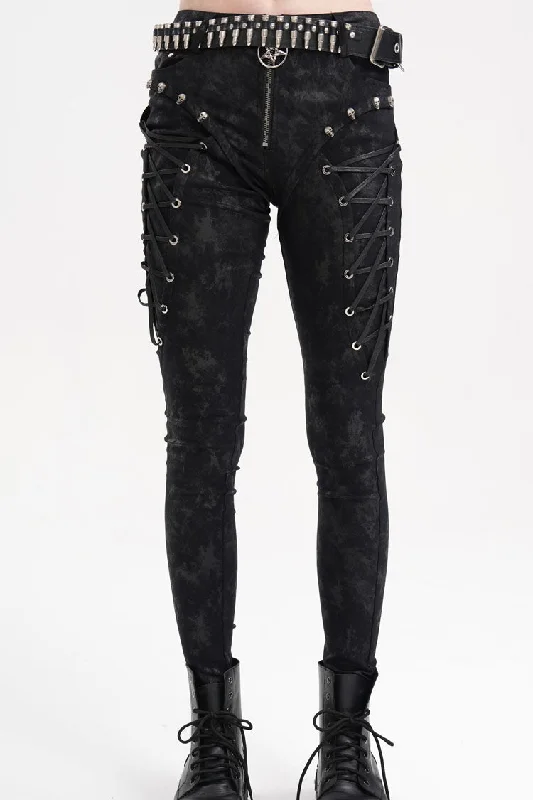Black Skull Rivets Lace-Up Women's Punk Pants Comfy Zip-Up Pants