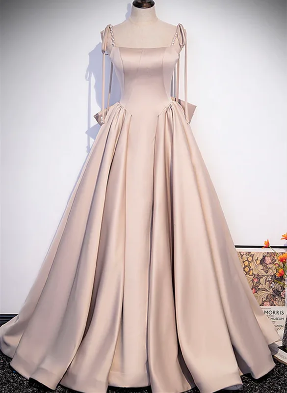 Pink Satin Long A-Line Prom Dress, Pink Spaghetti Straps Party Dress with Bow Pleated Skirt Elegant