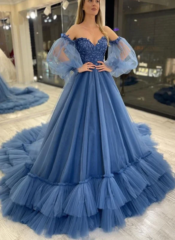 Blue Puffy Sleeves Sweetheart Tulle with Lace Party Dress, Blue Long Formal Dress Tunics Top Casual