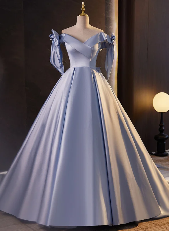 Glam Blue Satin Off Shoulder Long Party Dress Formal Dress, Blue Sweet 16 Dress Tunics Luxurious premium