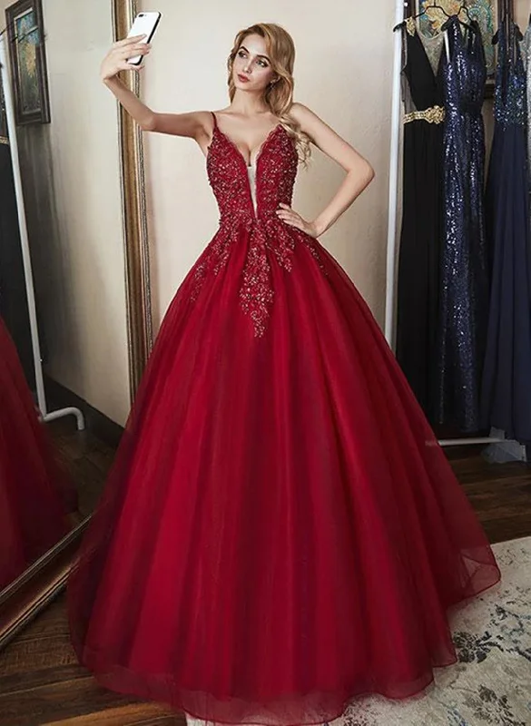 Wine Red Tulle with Lace Ball Gown Straps Party Dress, Wine Red Tulle Prom Dress Tunics Summer linen