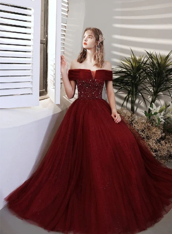 Wine Red Beaded Off Shoulder Lace-up Prom Dress, Wine Red Evening Party Dress Off-the-shoulder Bohemian Festive
