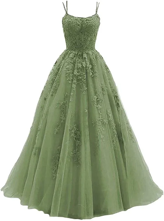 Green Lace Applique Tulle Long Straps Cross Back Long Party Dress, Green Junior Prom Dress Crew Neckline Sporty