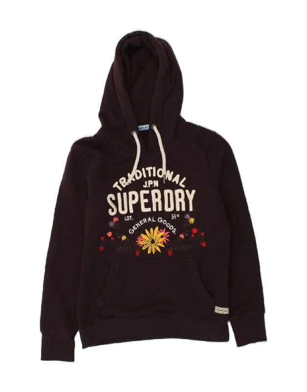 SUPERDRY Womens Graphic Hoodie Jumper UK 10 Small Burgundy Floral Cotton Hoodie with High Neck Warm Protective SUPERDRY Womens Graphic Hoodie Jumper UK 10 Small Burgundy Floral Cotton Hoodie with High Neck Warm Protective