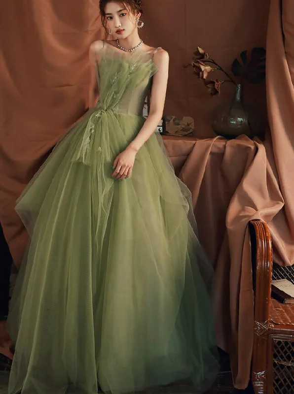 Light Green Tulle A-line Straps Formal Gown 2022, Green Evening Party Dresses Tunics Silk luxurious