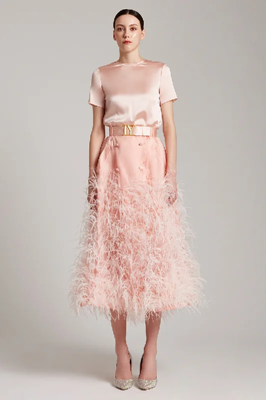 Ostrich Feather Embellished Silk Gazar Skirt in Pink silk skirt luxurious