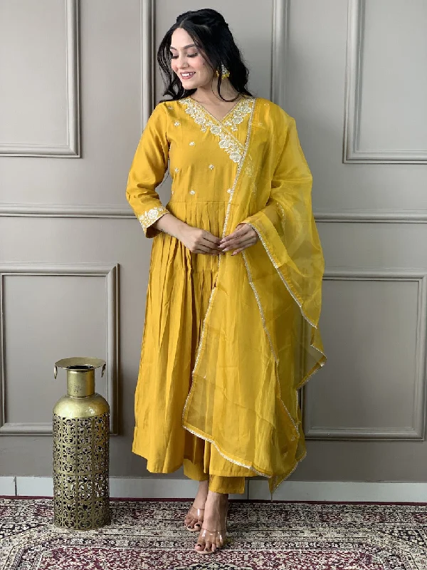 Women V Neck Embroidered Work Chanderi Cotton Fabric Kurta & Pant With Dupatta Set - Taantav Classic Chino Pants