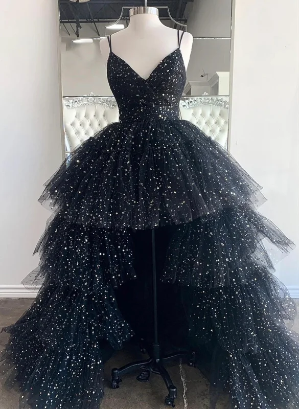 Black Tulle A-line Layers Long Party Dress, Black Tulle Prom Dress Tunics Yoga stretchy