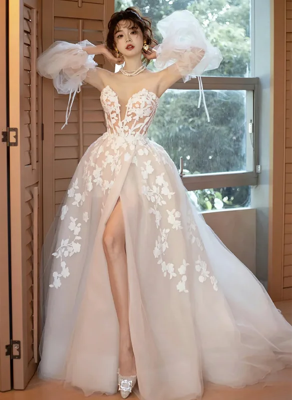 Ivory Sweetheart Tulle with Lace Long Party Dress with Leg Slit, Ivory Wedding Party Dress Tunics Top Casual