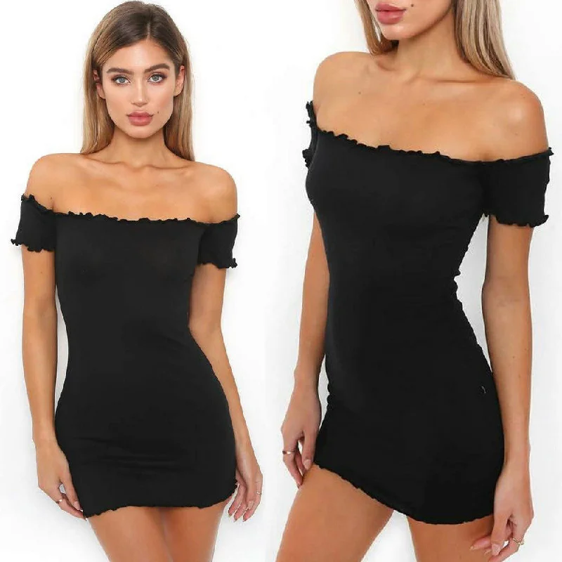 Off Shoulder Mini Short Sleeve Crimping Dress Tunics Sophisticated sleek