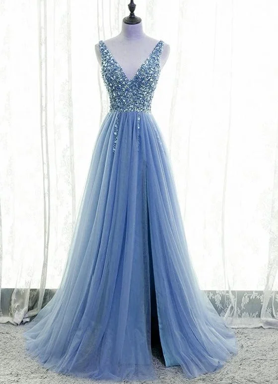 Light Blue Tulle Beaded V-neckline Low Back Long Party Dress, Blue Junior Prom Dress Tunics Prom sequined