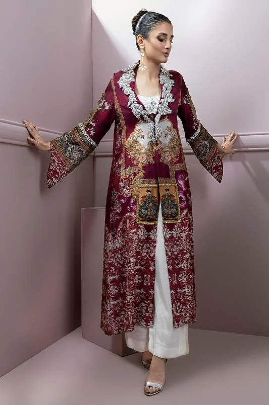 Shamaeel - Maroon Silk Embroidered Open Jacket with Silk Inner and Pants Knit Fabric Woven Fabric Fleece Fabric