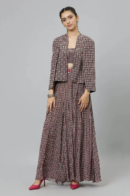 METAL EMBELLISHED BLACK GEOMETRIC PRINT STRUCTURED CAPE JACKET, TEAMED WITH BOX PLEATED PANTS AND BUSTIER Satin Jacket Silk Jacket Chiffon Jacket