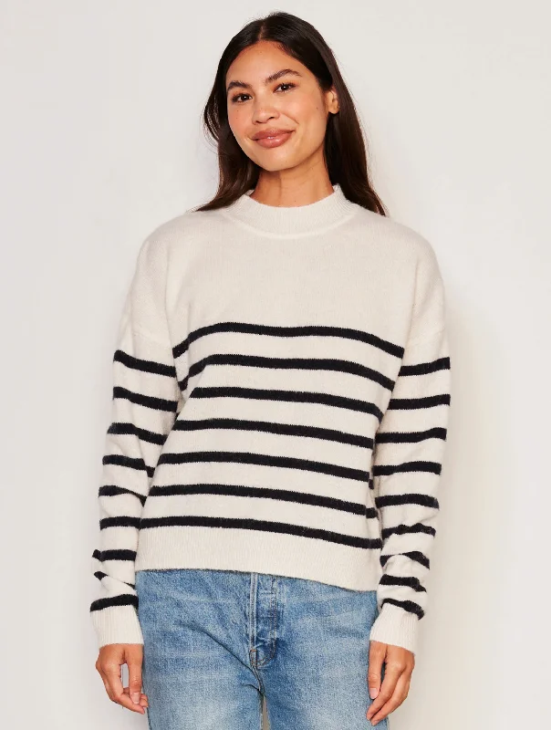 Stripes Mock Neck Cozy Sweater in Oyster Mesh Sweater Canvas Denim