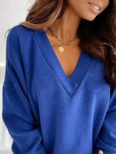 Women's V-Neck Button Detail Knit Sweater High Neck Crew Neck V-Neck