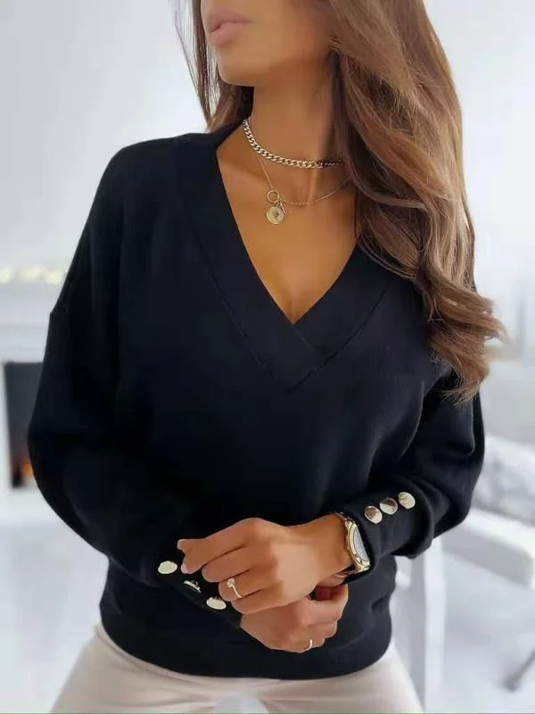 Women's Everyday V-Neck Button Sweater Fitted Loose Oversized