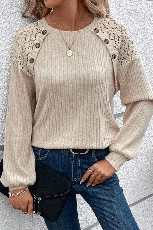 Women's V-Neck Knitted Color Block Contrast Lace Raglan Sleeves Sweater Toggled Drawstring Belted