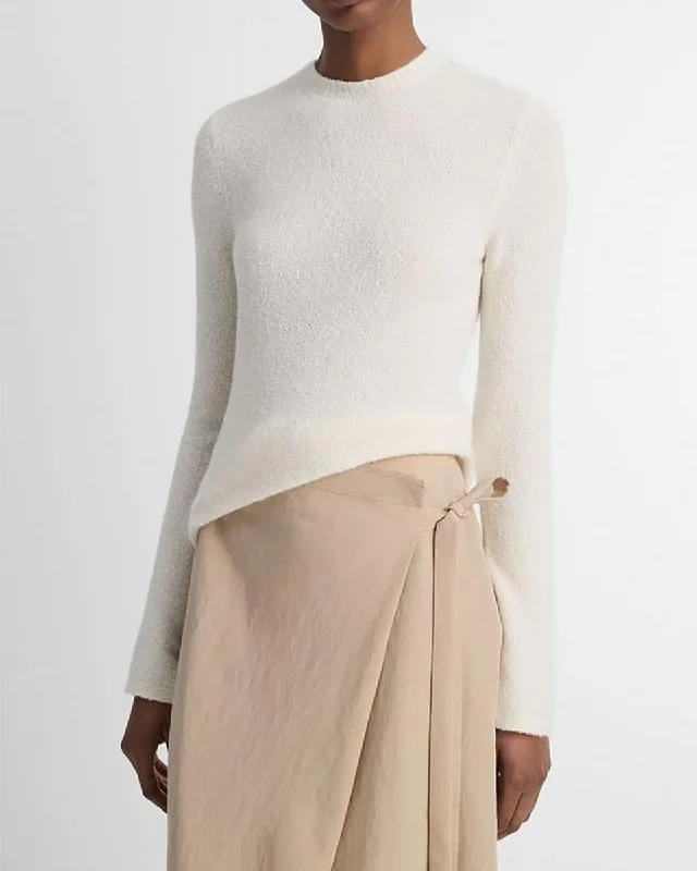 Soft Bouclé Silk-Blend Crew Neck Sweater Solid Print Embellished