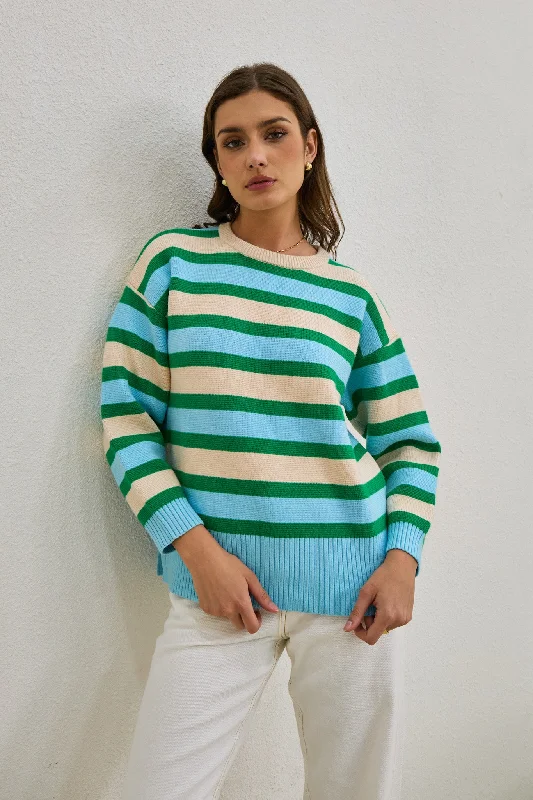 Anya Green Blue Stripe Knit Sweater Spandex Blend Rayon Blend Denim Blend