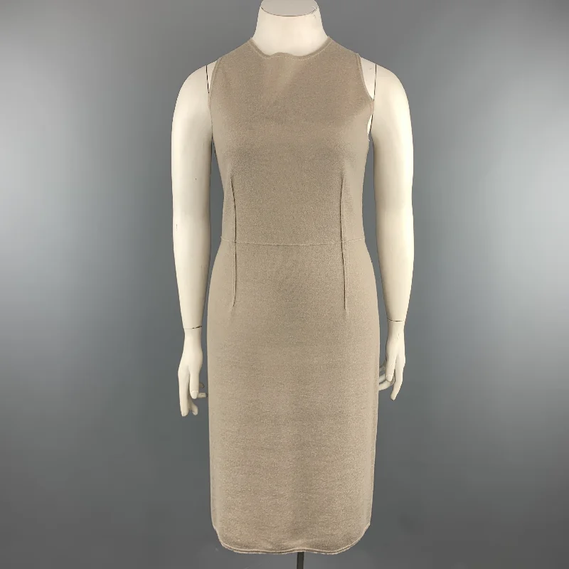 THE ROW Size L Taupe Virgin Wool Blend Knit Sleeveless Sheath Sweater Dress Graphic Sweater Embroidered Appliqued