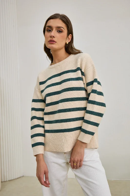 Anya Forest Green Stripe Knit Sweater Chenille Blend Fleece Blend Nylon Blend