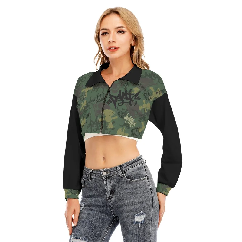 THE ELEMENT CAMO LAPEL CROP ZIP UP SWEATER IN GREEN Cashmere Blend Cotton Blend Poly Blend