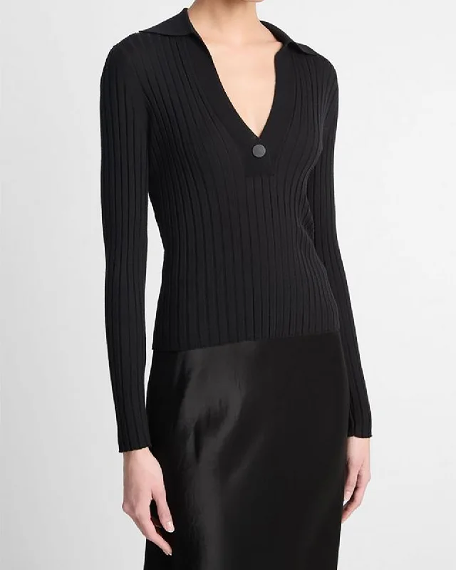 Italian Wool-Blend Snap Polo Sweater Ribbed Striped Patterned