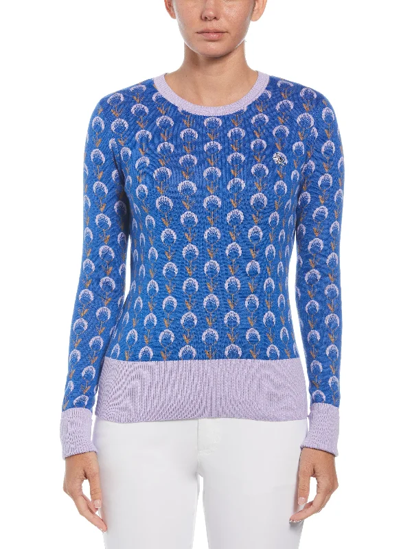 Women's Jacquard Floral Sweater Zippered Buttoned Snapped