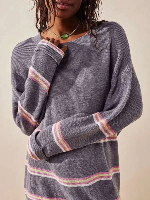 Women's elegant round neck long sleeve striped sweater two-piece loose casual pants suit Elasticated Padded Insulated