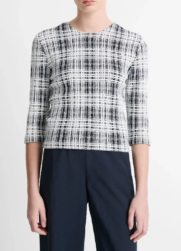 Bouclé Plaid Elbow-Sleeve Sweater Sweater Knitwear Pullover