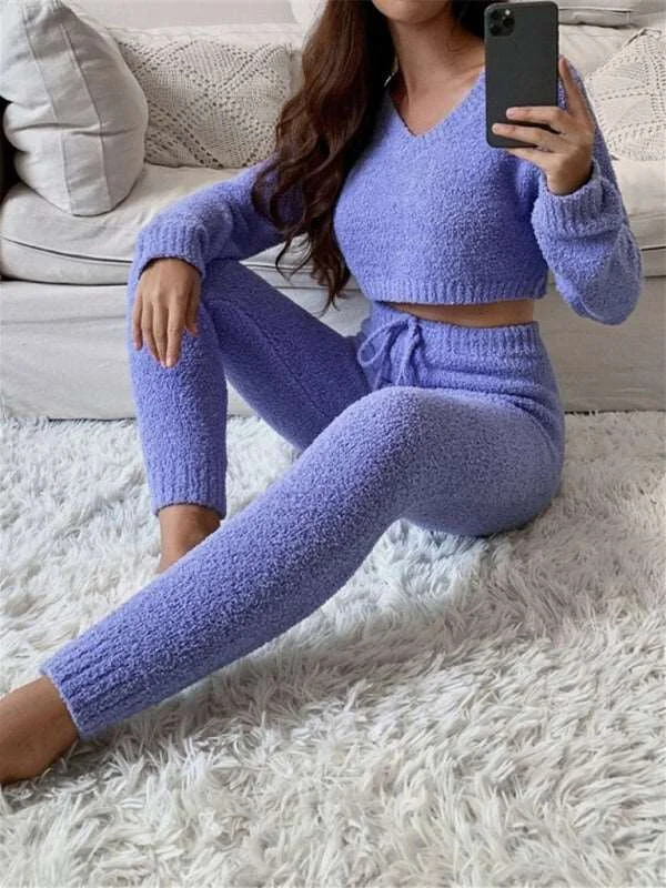 Women V-neck short knitted sweater women's drawstring lace-up trousers fashion suit Notch Collar Peter Pan Collar Cowl Neck
