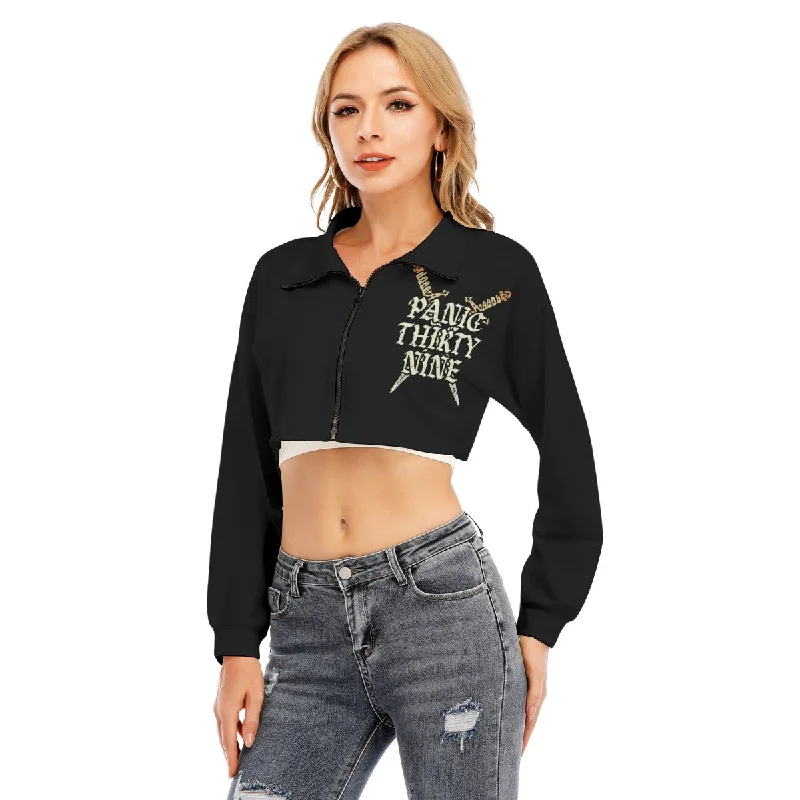 THE GOT HEART LAPEL CROP ZIP UP SWEATER Satin Blend Silk Blend Wool Blend