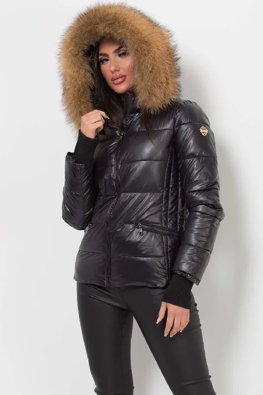 Black Puffer Jacket With Real Fur Hood