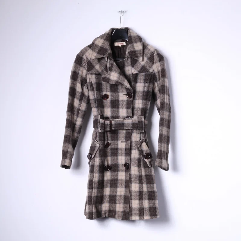 Kenvelo Womens S Coat Brown Check Wool Double Breasted Belted Classic Top