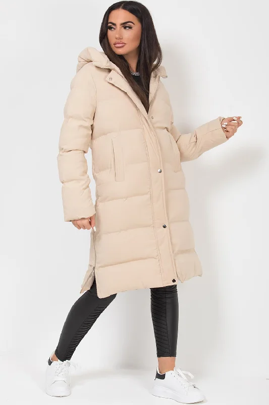 Long Puffer Coat With Side Zip Beige