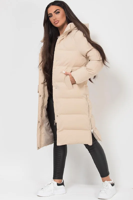 Long Puffer Coat With Side Zip Beige