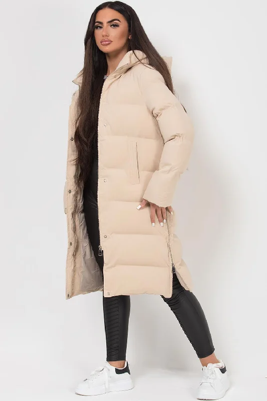 Long Puffer Coat With Side Zip Beige