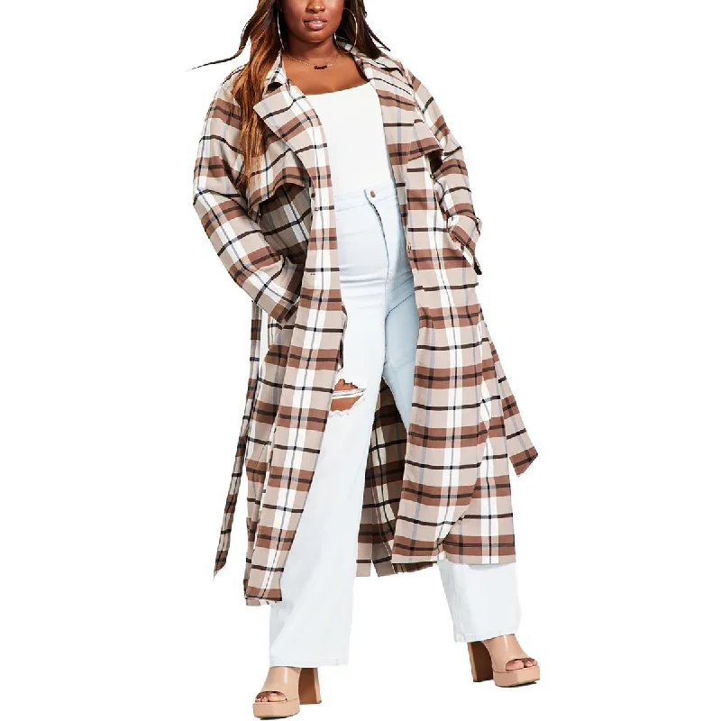 Nina Parker Womens Plus Plaid Long Trench Coat