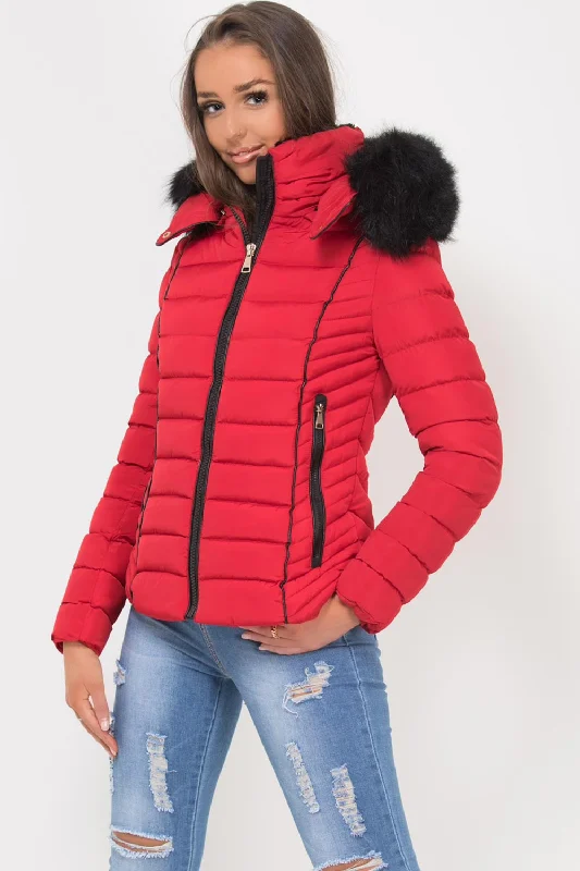 Puffer Jacket With Faux fur Hood And Quilted Detail Red