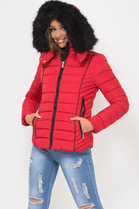 Puffer Jacket With Faux fur Hood And Quilted Detail Red