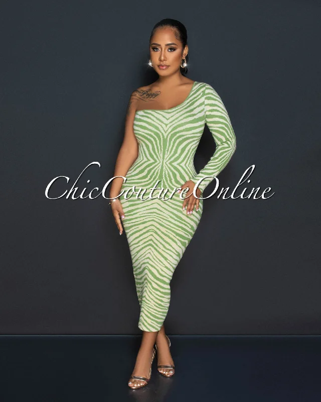 Sophia Nude Green Print Knit Single Long Sleeve Maxi Dress