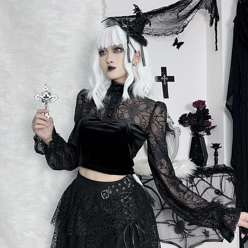 Women's Gothic Lace Collar Spider Web Sheer Shirt