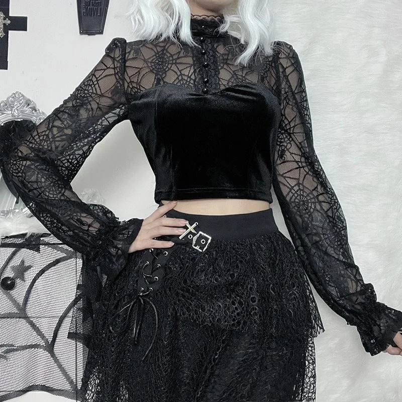 Women's Gothic Lace Collar Spider Web Sheer Shirt