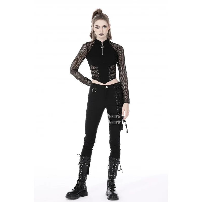 Women's Punk Mesh Splice Eyelets Crop Top