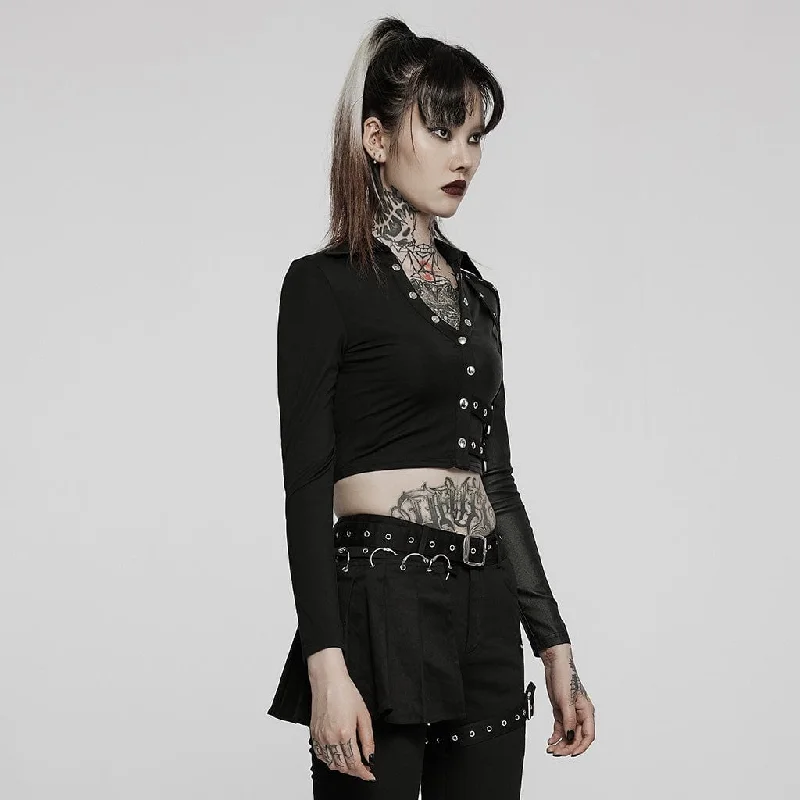 Women's Punk V-neck Splice Rivets Long Sleeved Crop Top