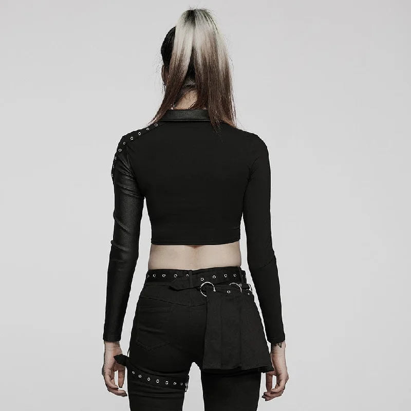 Women's Punk V-neck Splice Rivets Long Sleeved Crop Top