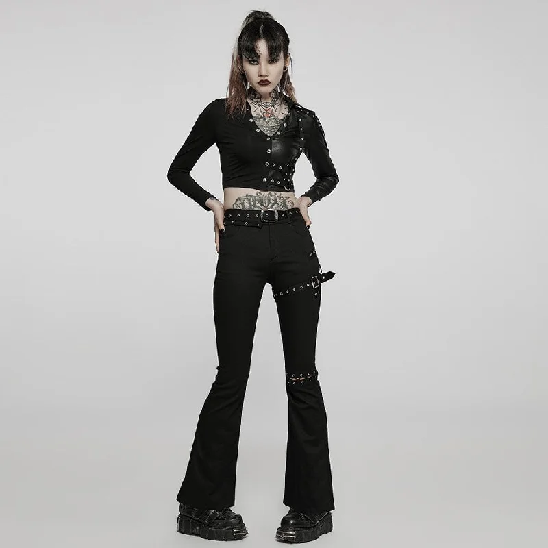 Women's Punk V-neck Splice Rivets Long Sleeved Crop Top