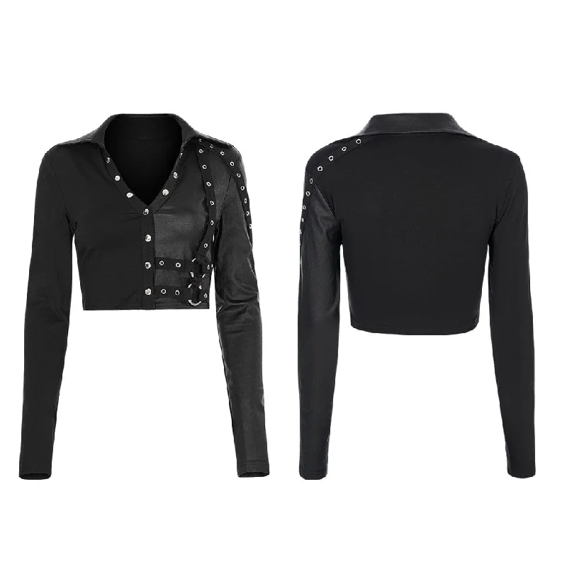 Women's Punk V-neck Splice Rivets Long Sleeved Crop Top