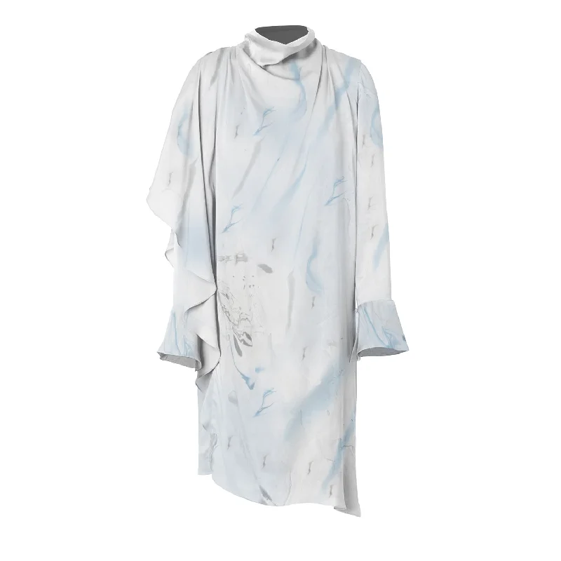 Asymmetrical Marbled Silk Satin Dress - Blue & Grey