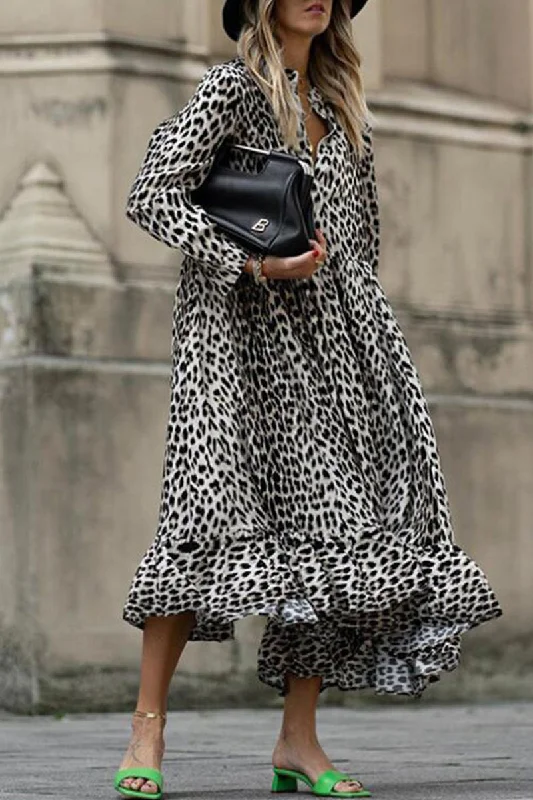 Casual Vintage Print Leopard Patchwork V Neck Printed Dresses